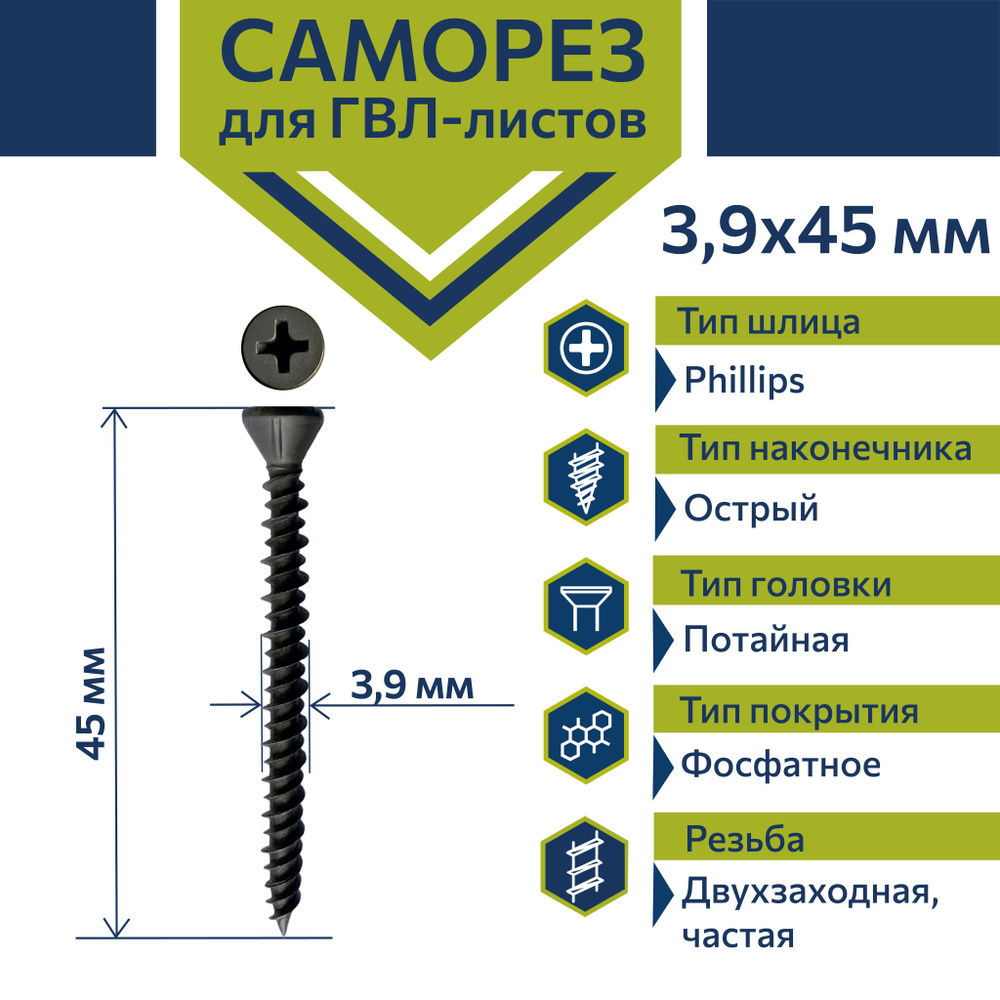 Саморез Rizzel 3,9х45 ГВЛ по дереву и металлу фосфатированный (800 шт)  #1