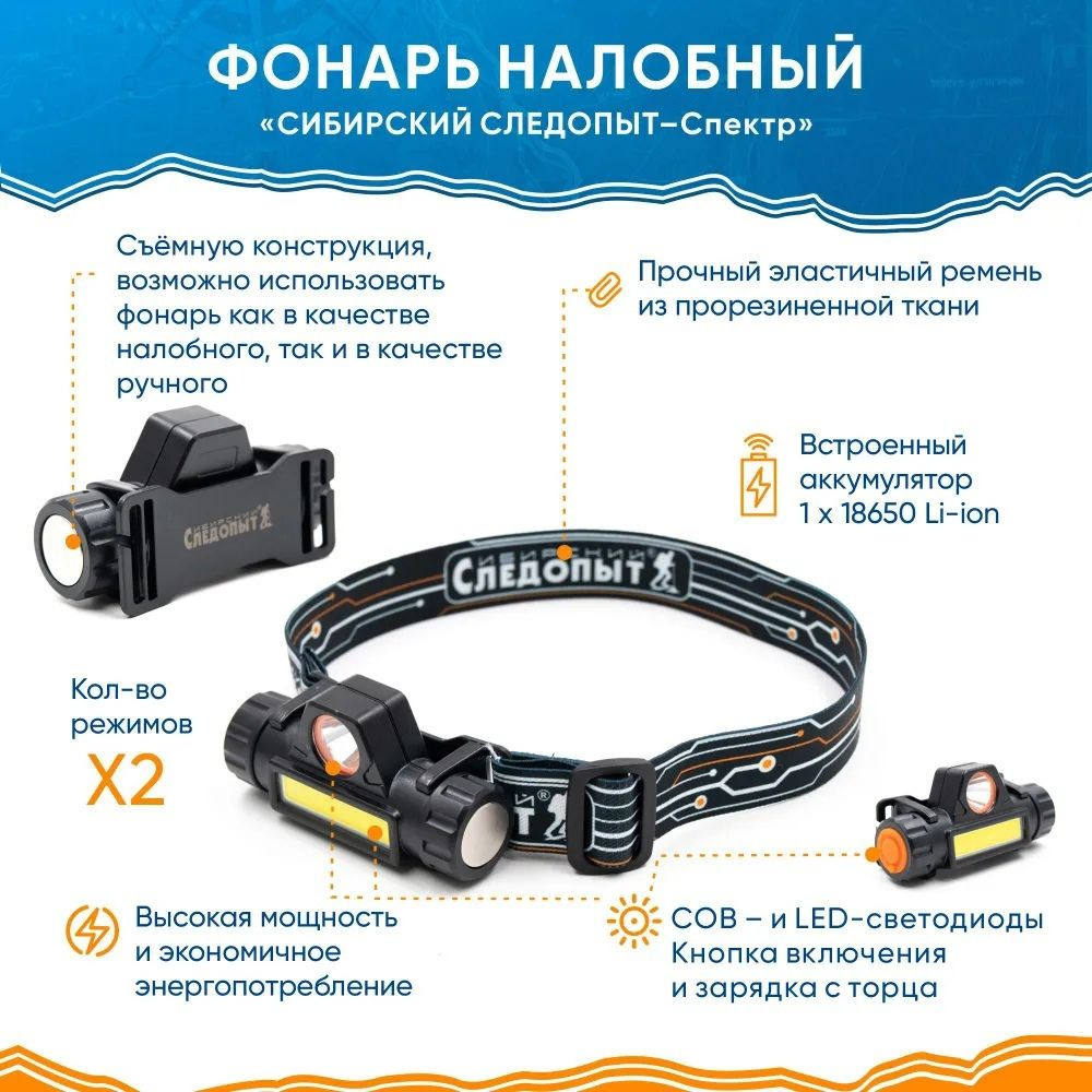 Фонарь налобный "СИБИРСКИЙ СЛЕДОПЫТ-Спектр", съемный, 1 LED + 1 COB, аккум. 220В, USB  #1