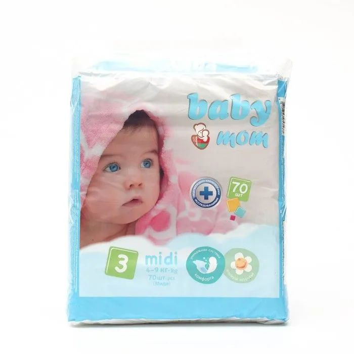 Подгузники детские Baby Mom midi для детей 4-9 кг, 3 размер, (70 шт в упаковке), дневные (ночные) с кремом #1
