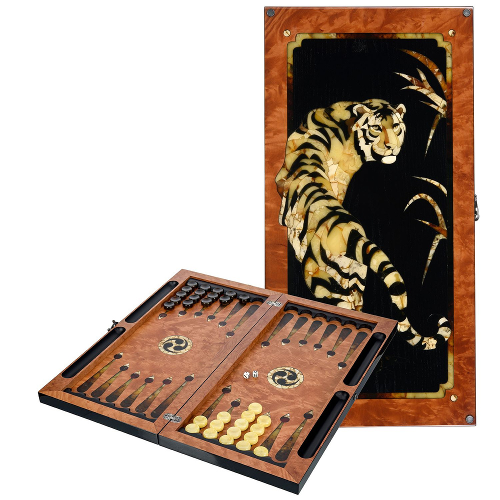 Деревянные нарды с янтарной инкрустацией "Крадущийся тигр" 60х30 см  #1