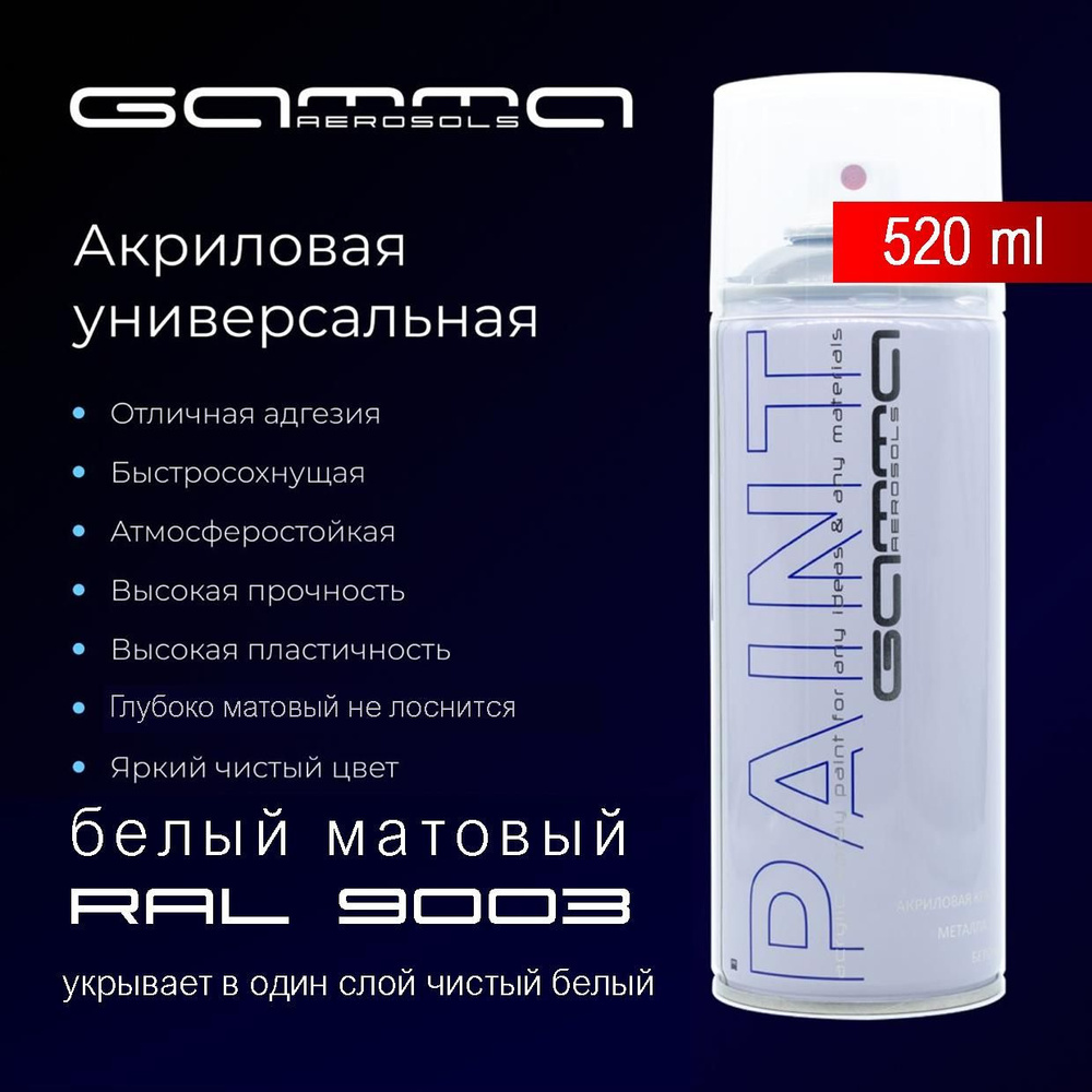 Белая матовая 520 мл. RAL 9003 акриловая краска аэрозольный баллончик Gamma Paint  #1