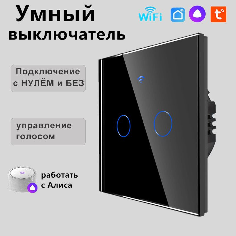 Умный выключатель с Алисой, wifi, сенсорный двухклавишный, подключение с нулем и без нуля, закаленное #1