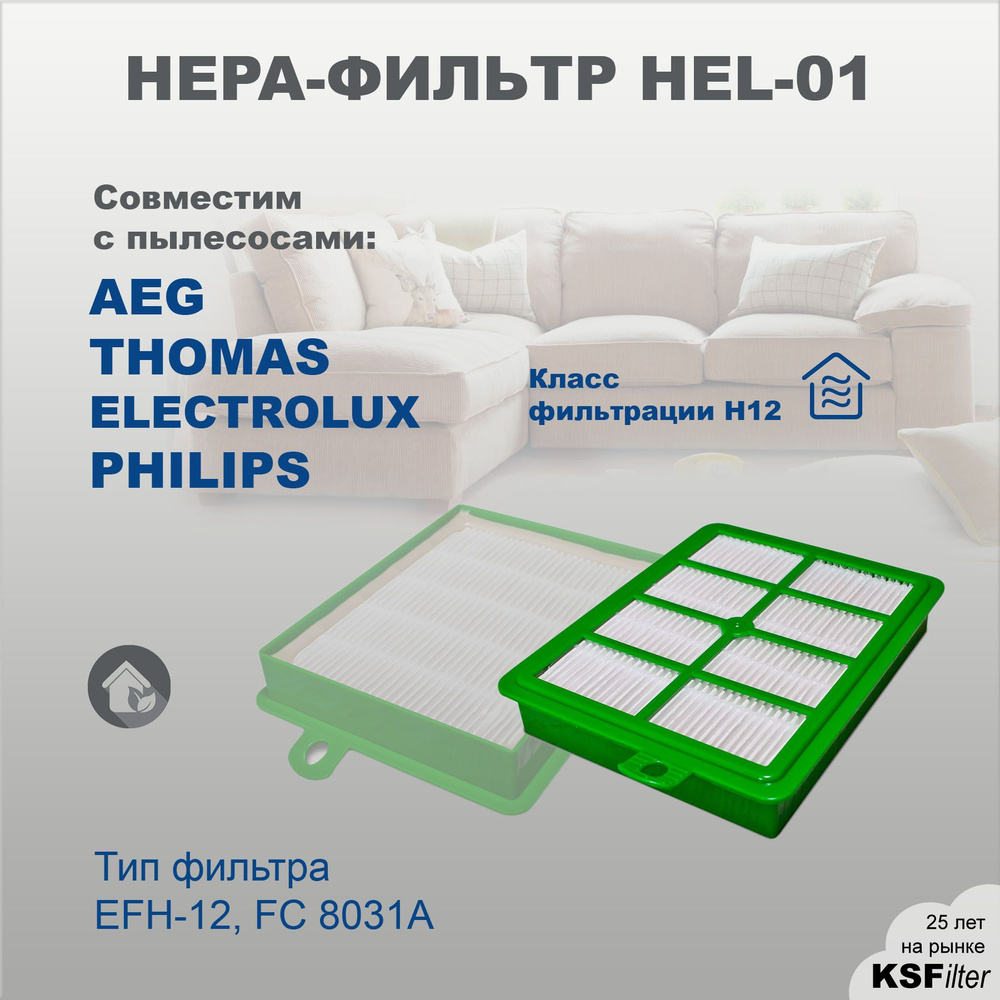 HEPA-фильтр HEL-01 тип EFH-12, FC 8031 совместим с пылесосами AEG, Thomas, Electrolux, Philips  #1