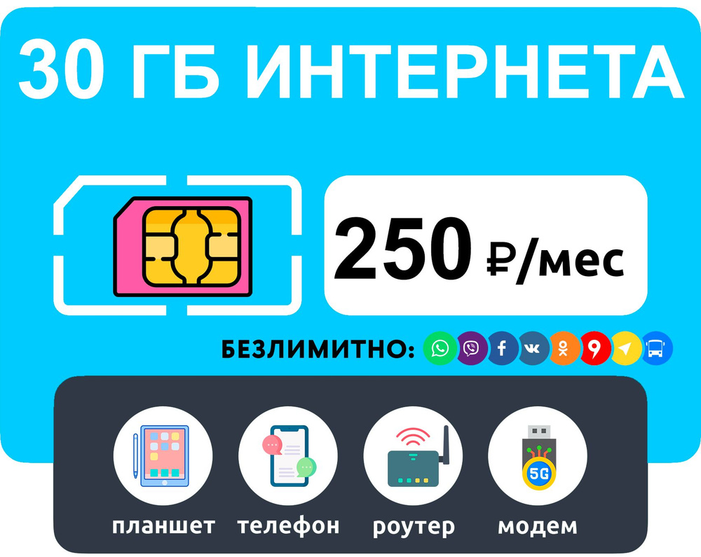 WHYFLY SIM-карта с тарифом 30 гб интернета 3G/4G + раздача Wi-Fi с любого устройства + безлимитные мессенджеры/соц #1