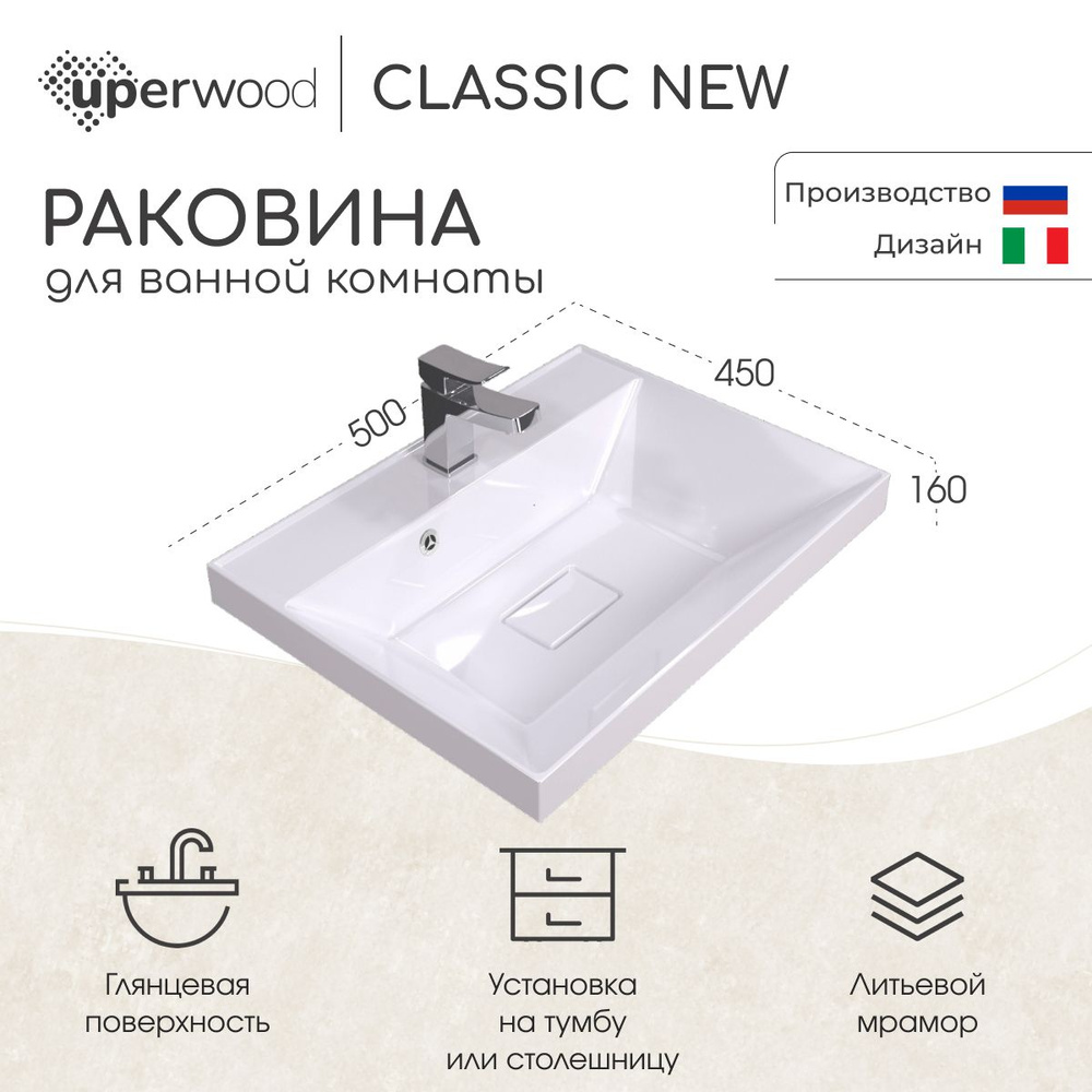 Раковина для ванной Uperwood Classic New 50х45х16 см, белая глянцевая, с накладкой для слива  #1