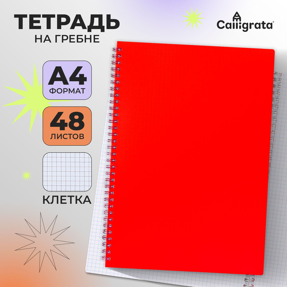 Тетрадь на гребне A4 48 листов в клетку "Красная", пластиковая обложка, блок офсет  #1