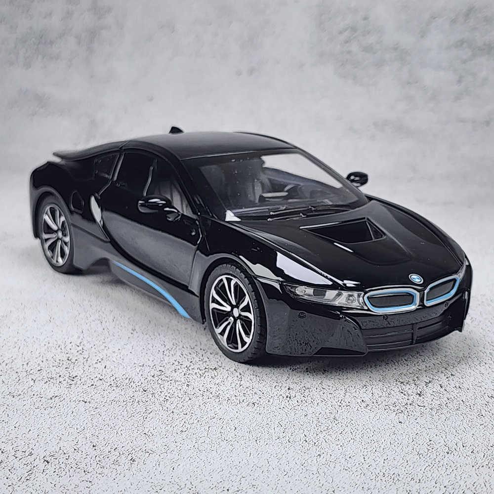 Машинка металлическая инерционная BMW i8 черная длина 20см масштаб 1:22, модель со светом и звуком  #1