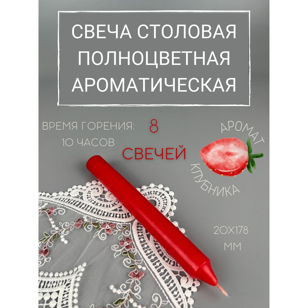 Свеча Столовая полноцветная ароматическая 20х178 мм, цвет: красный, запах: клубника, 8 шт.  #1