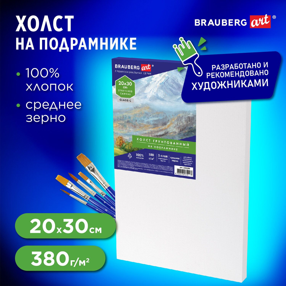 Холст / полотно на подрамнике для рисования 20х30 см, 380 г/м2, грунтованный, 100% хлопок, Brauberg Art #1