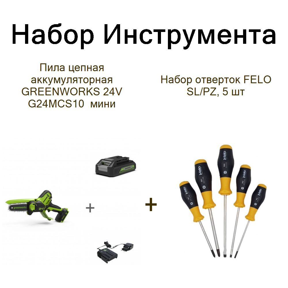 Пила цепная аккумуляторная GREENWORKS 24V G24MCS10 мини+Набор отверток FELO SL/PZ, 5 шт  #1