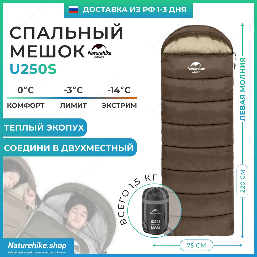 Спальный мешок Naturehike u250s / до -14С, вес 1.5 кг, коричневый, молния слева / превращается в двухместный #1