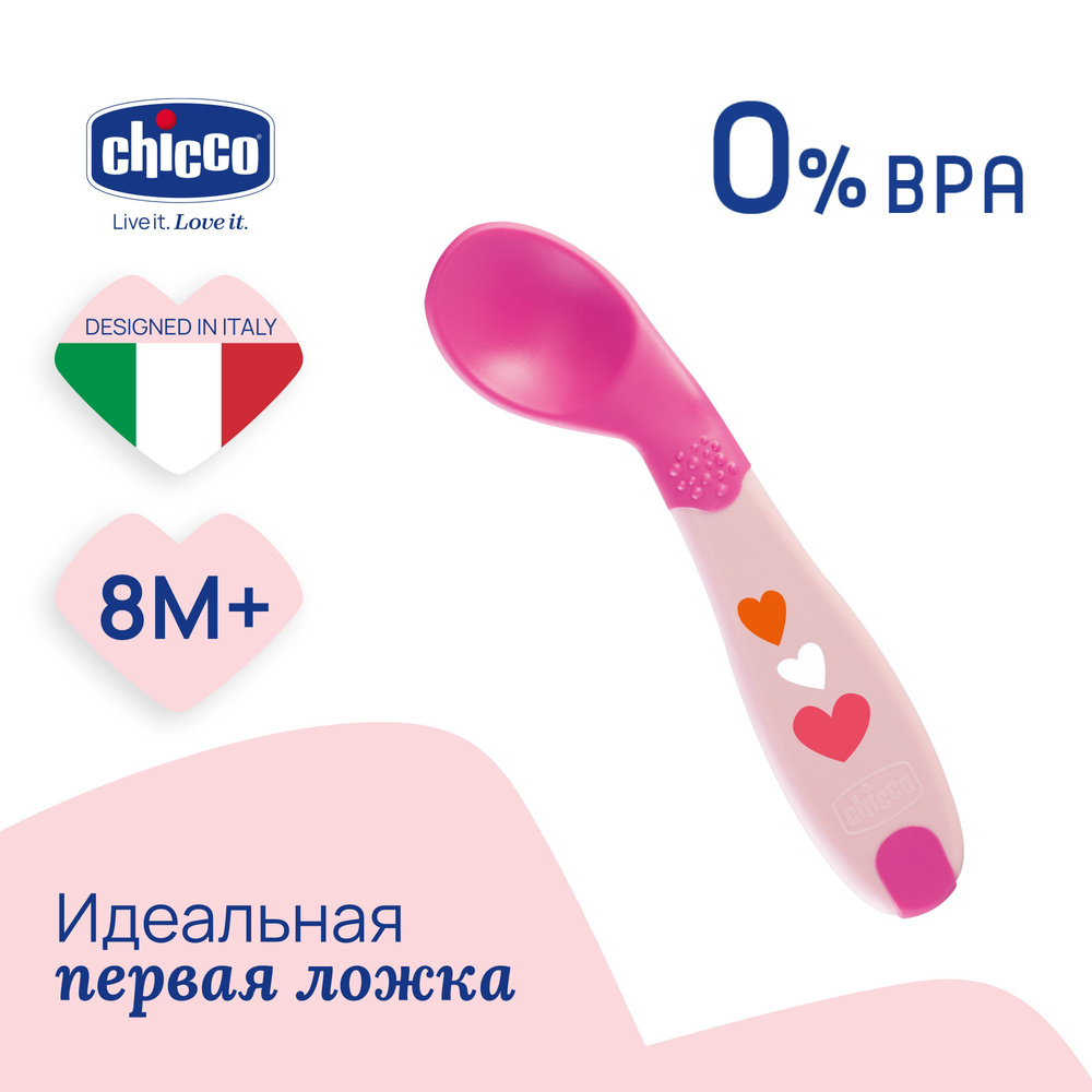 Ложка детская для прикорма Chicco Baby's First Spoon изогнутая розовая от 8 мес.  #1