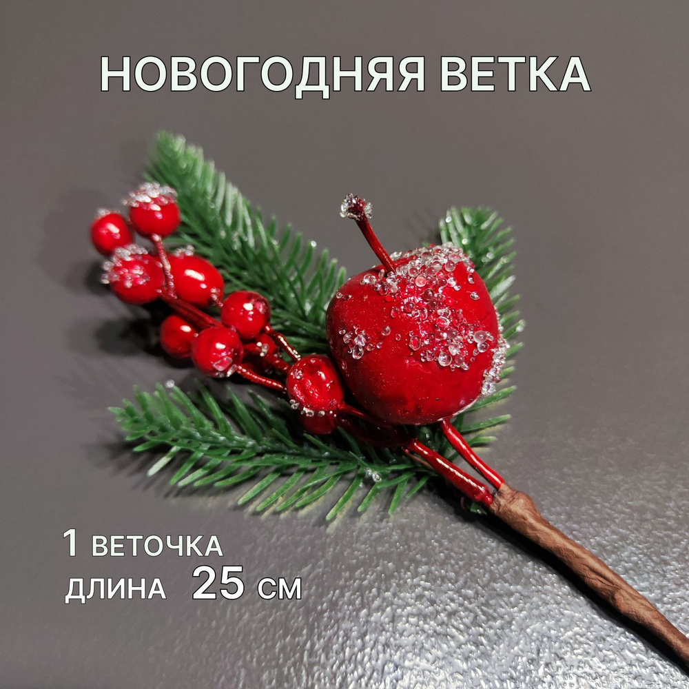 Ветка Новогодняя Ель с красным яблоком и ягодками брусники в сахаре  #1