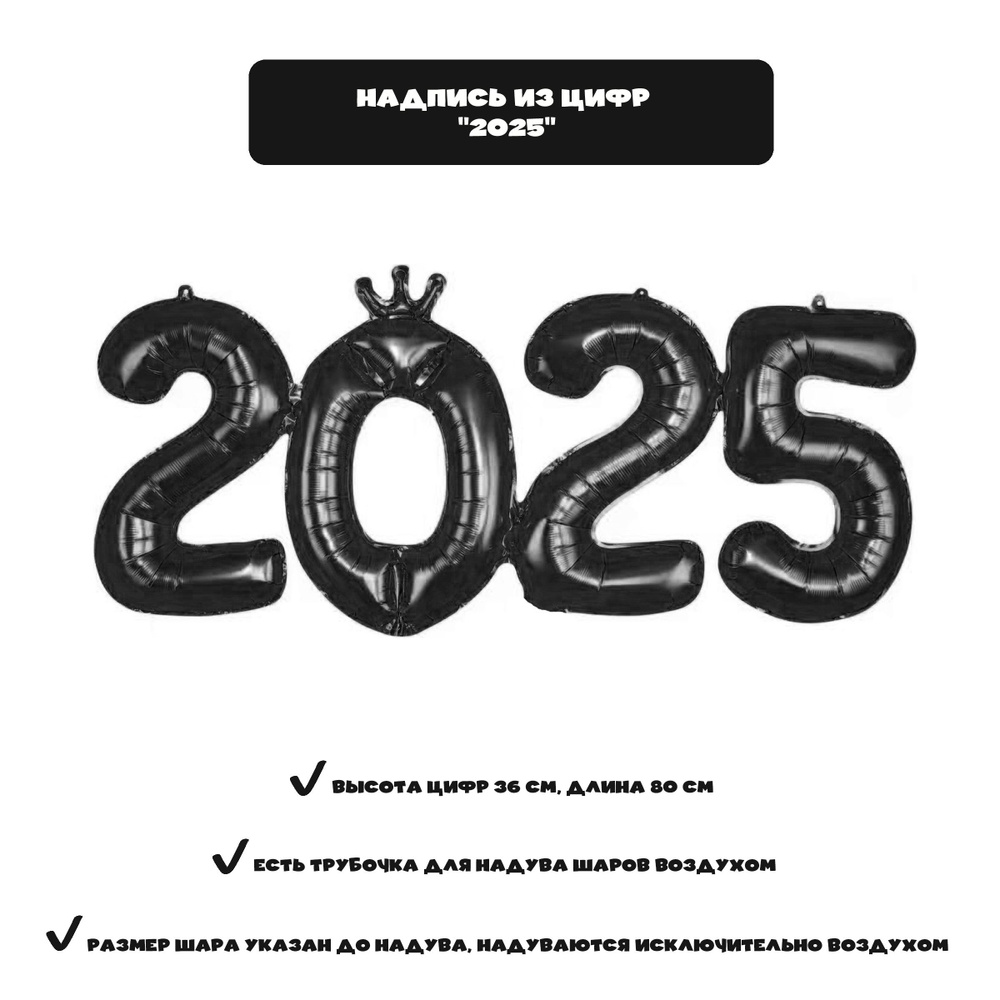 Набор фольгированных шаров - цифр "2025". Шарики надпись "2025", цвет чёрный, 36*80 см  #1