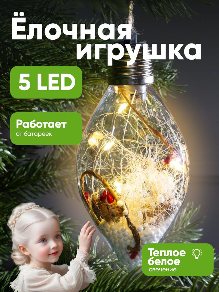 Ёлочный шар Снежные нити, батарейки, 5 LED, свечение теплое белое  #1