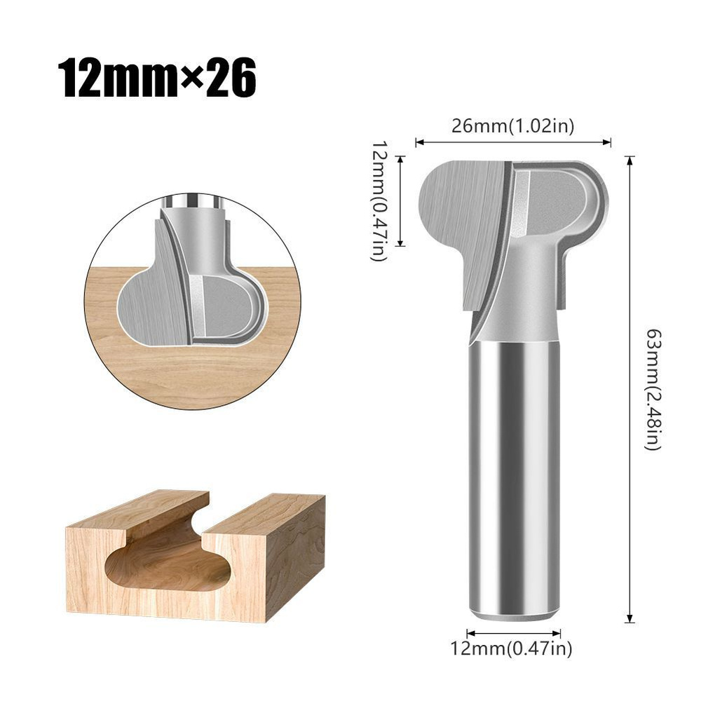 Фреза по дереву пазовая Двойная дуга Т-образная 26 х 12 мм хвостовик 12 мм  #1