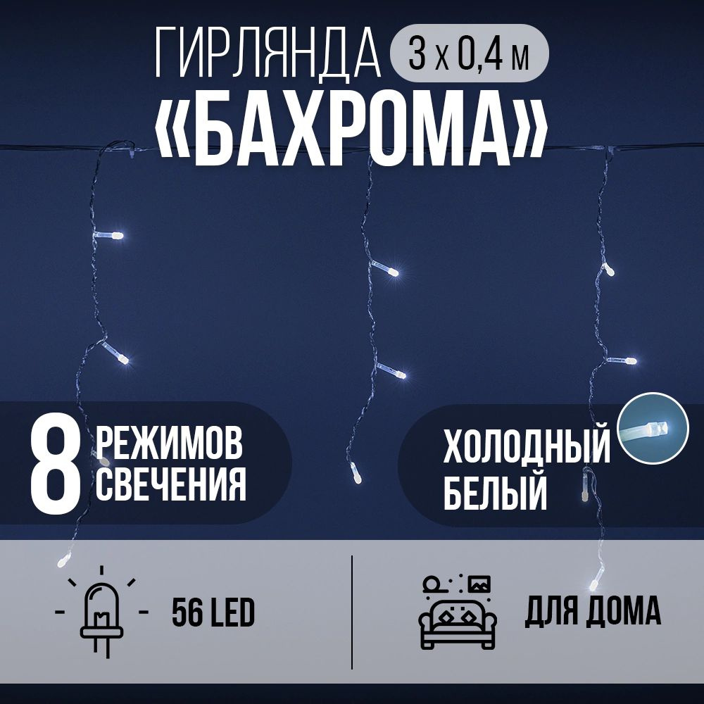 Гирлянда интерьерная Бахрома 56LED 3х0,4 м, холодный белый, прозрачный провод, 8 функций  #1