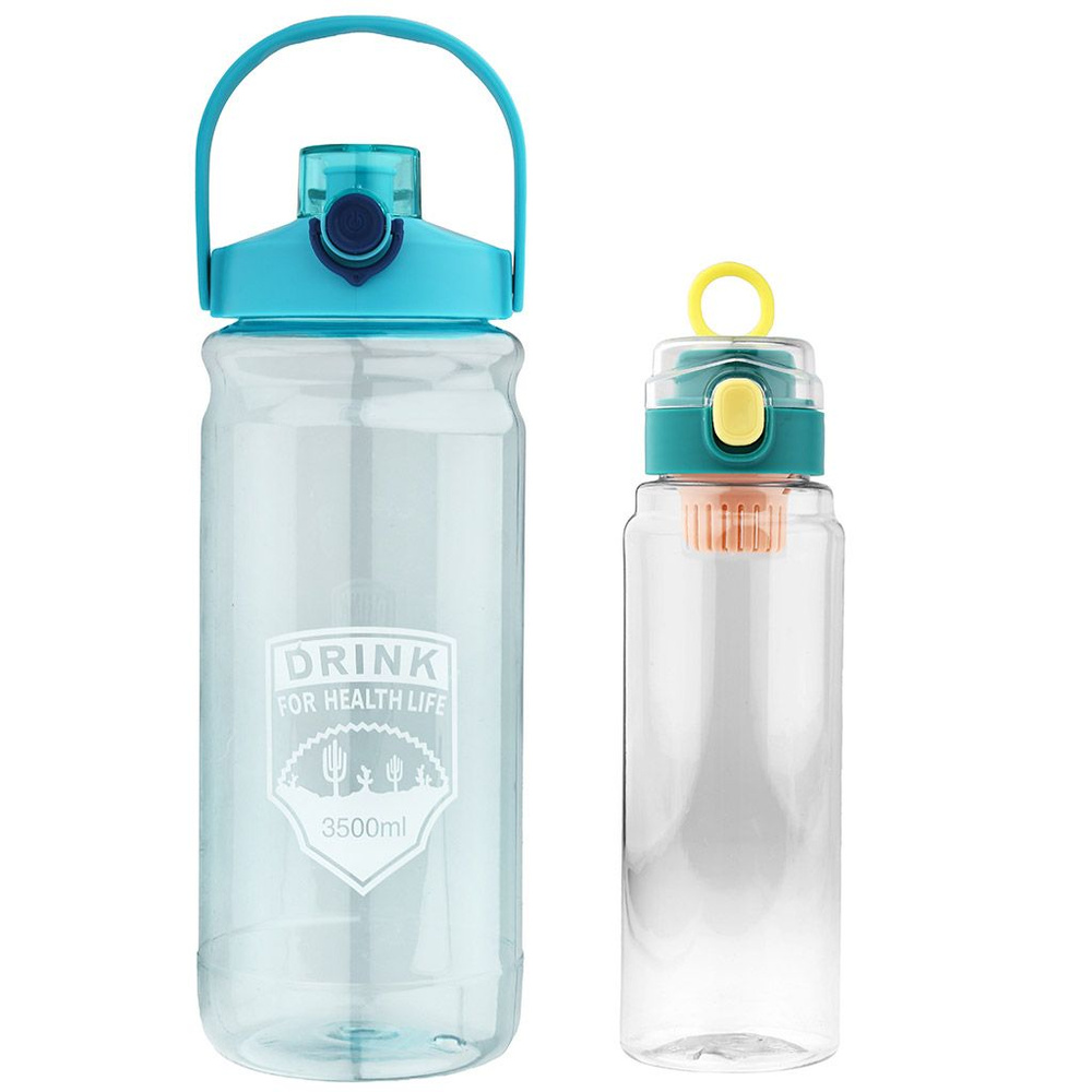 Бутылка пластмассовая для воды набор 2 штуки: 1л д8см h21см герметичная закручивающаяся крышка с кнопкой-фиксатором #1