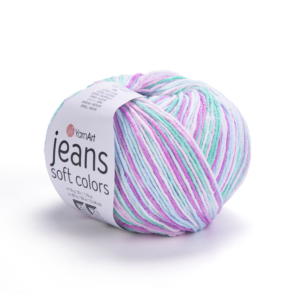 Пряжа Jeans Soft Colors - 1моток( 6202-белый-яр розовый-мятный) 50гр, 160м, 55% хлопок , 45% акрил. Пряжа #1