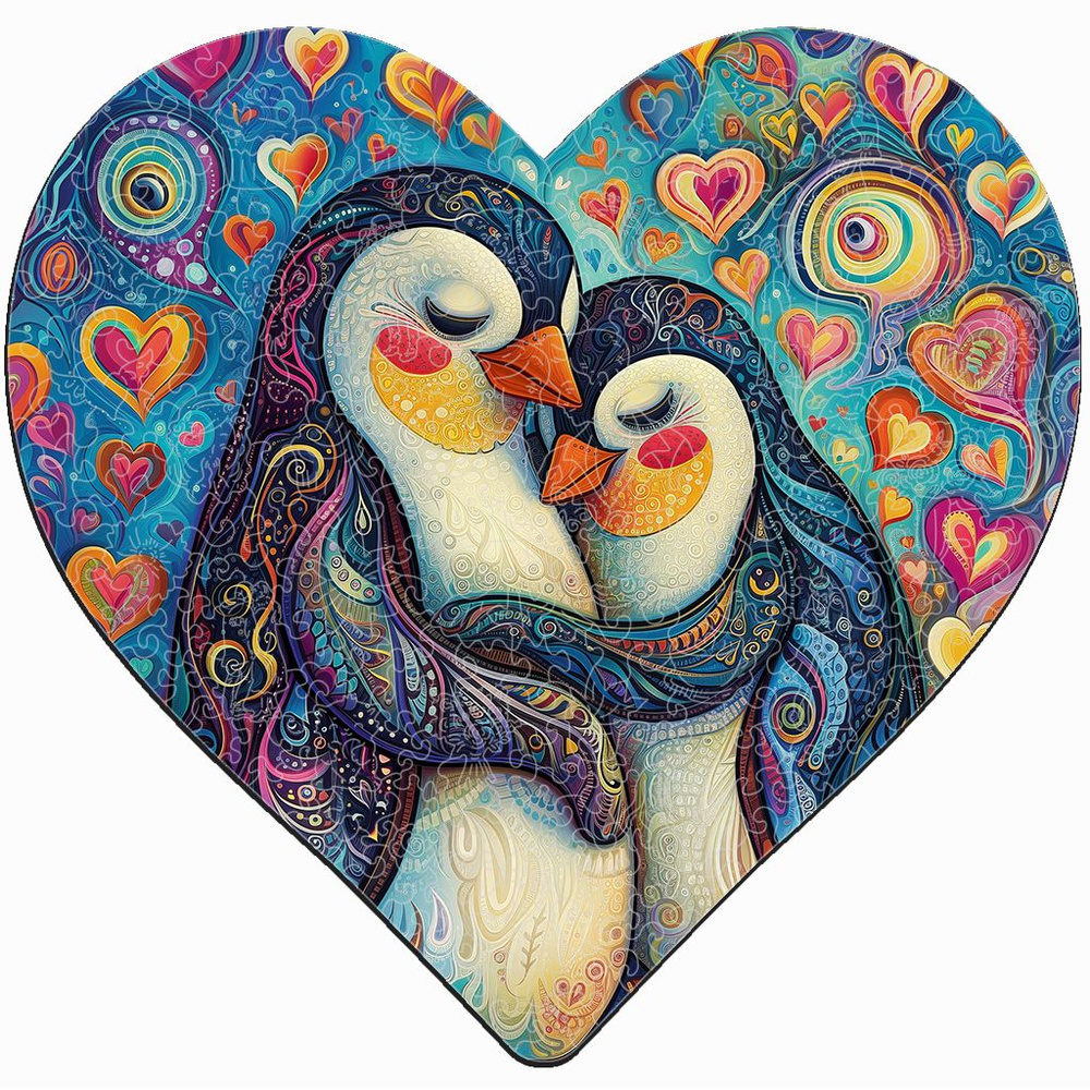 Деревянный пазл "Влюблённые Пингвины" из коллекции про любовь, 29х28см, 267 деталей / Фигурный / Подарок #1