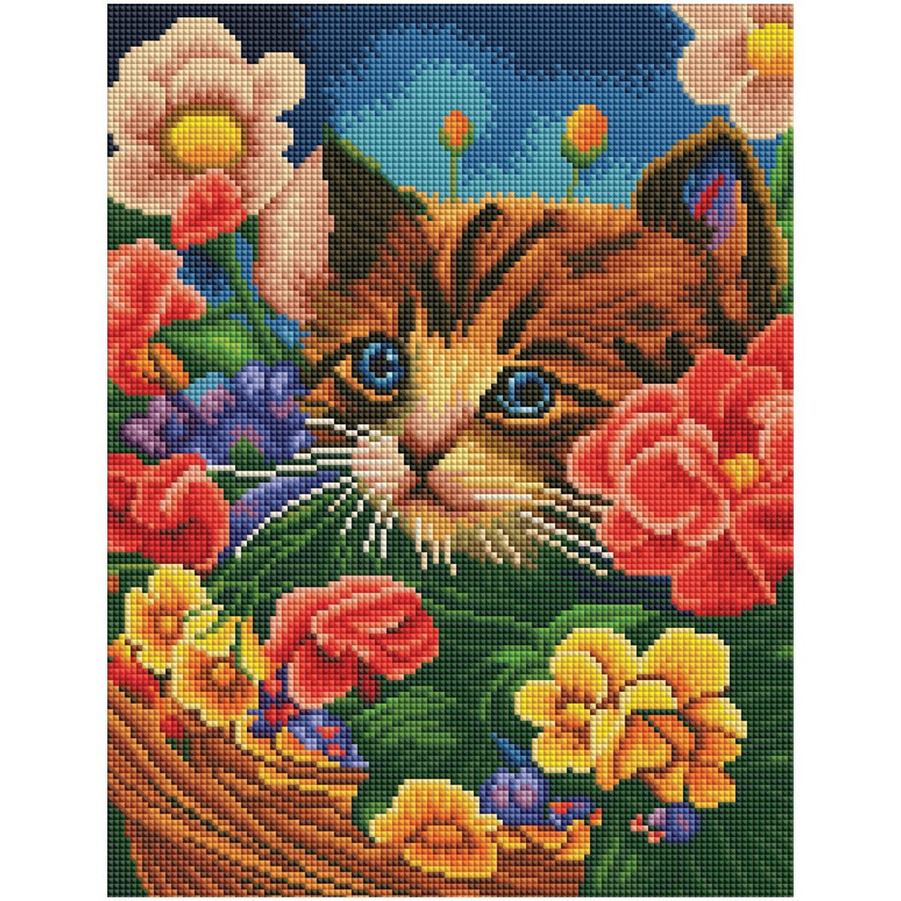 Алмазная мозаика ТРИ СОВЫ "Котенок в цветочной корзине", 30*40см, холст на деревянном подрамнике, картонная #1