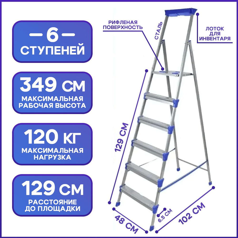 Стремянка 6 ступеней металл h 1420мм СМ6, Ижевск (НИКА) #1