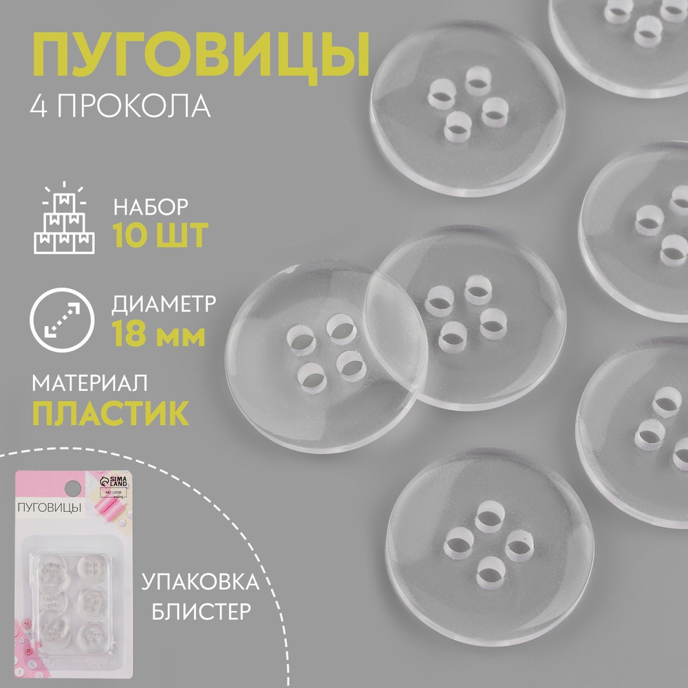 Набор пуговиц, 4 прокола, диаметр 18 мм, 10 шт, в блистере, цвет прозрачный  #1