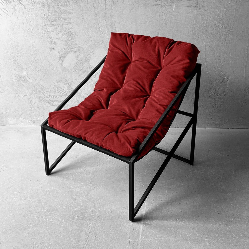 Кресло в стиле лофт Лофтовик Слэш + Красный велюр для гостиной, офиса ,кабинета, для отдыха , с подушкой #1