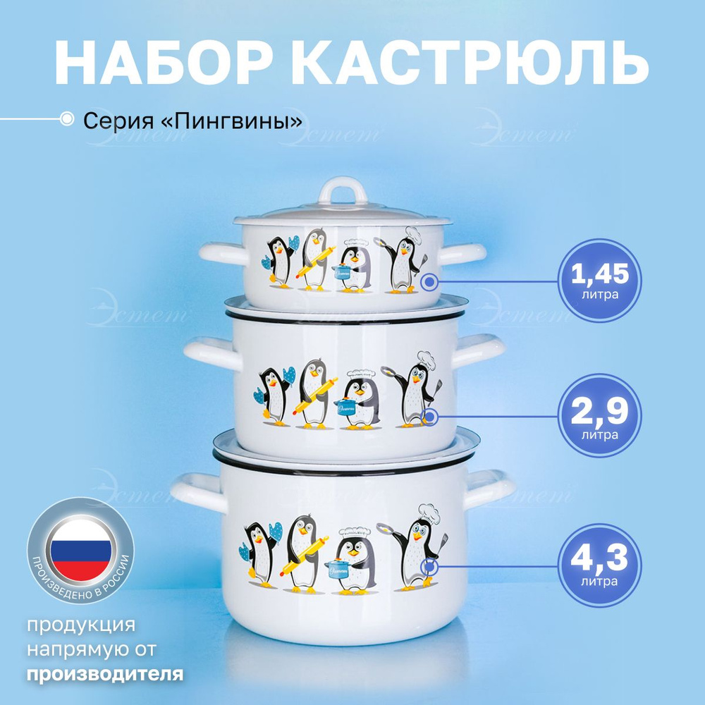 Набор кастрюль "ЭСТЕТ" эмалированные с крышками из 3х 1.45л, 2.9л и 4.3 литра  #1