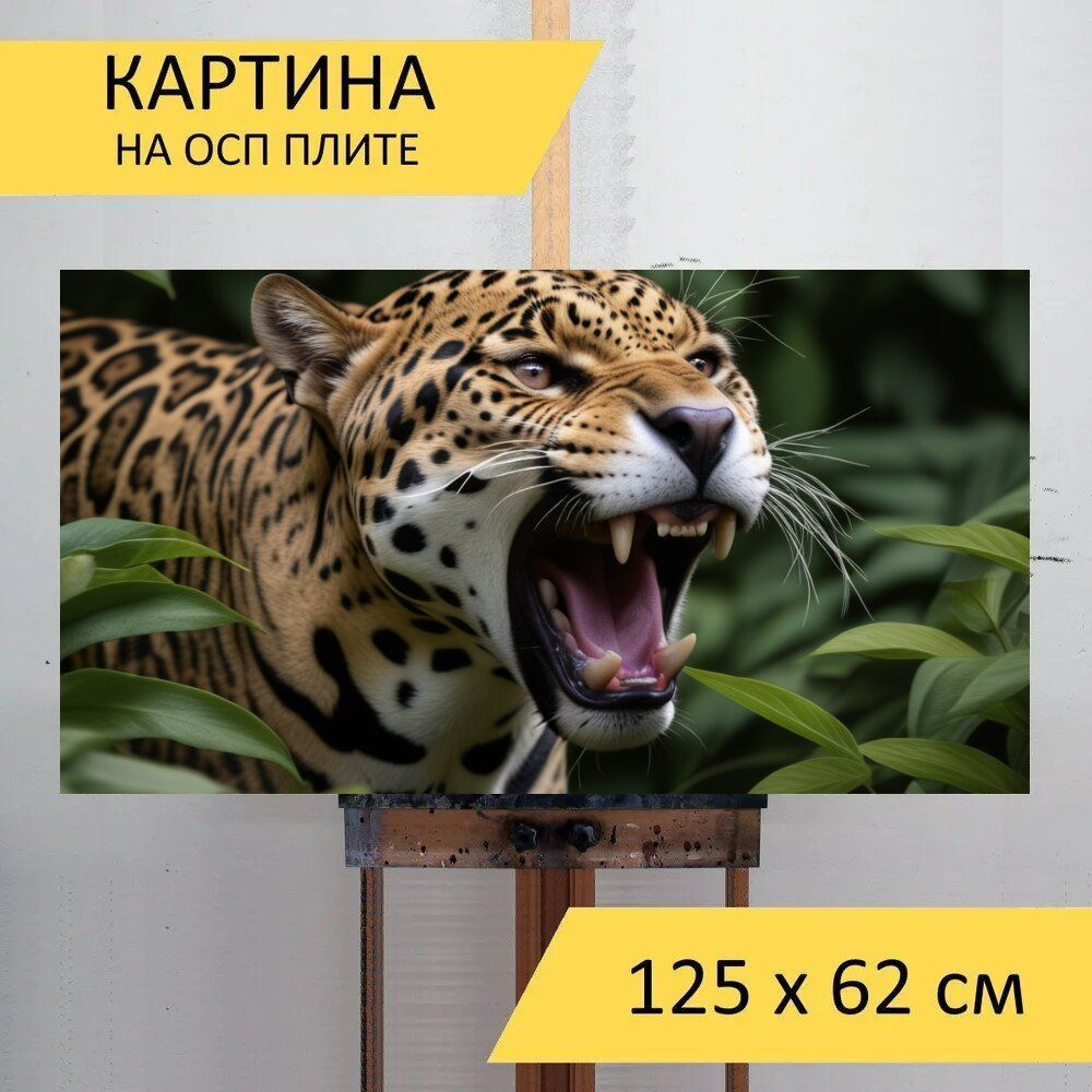 Картина природы любителям природы "Животные, ягуар, шипящий" на ОСП 125х62 см. для интерьера  #1