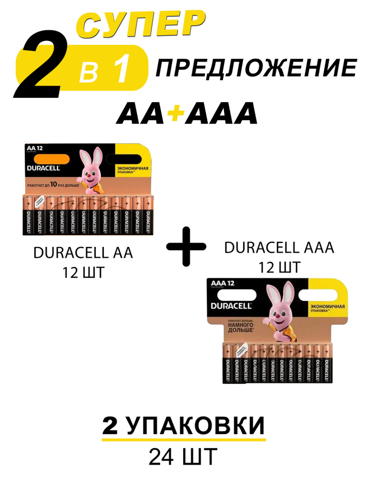 Батарейки щелочные (алкалиновые) Duracell Basic АА и ААА, 1,5В, 24шт (2в1)  #1