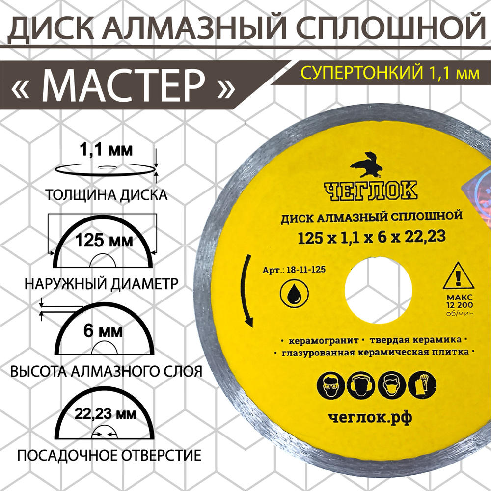 Диск алмазный сплошной супертонкий "Мастер" 125х1.1х6х22,23 мм, Чеглок  #1