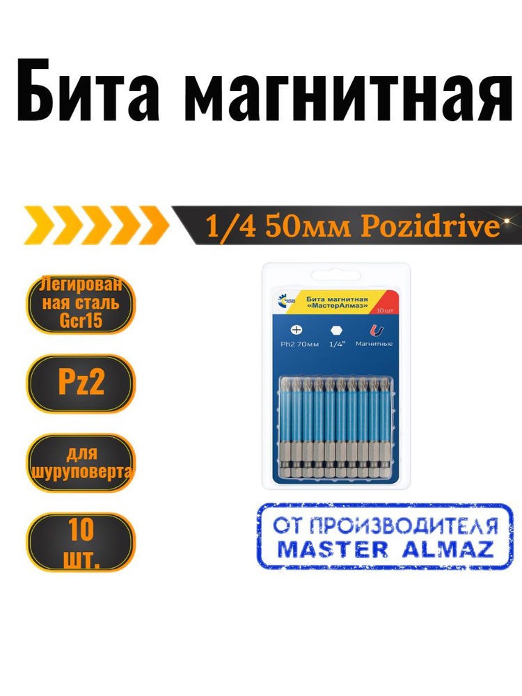 Бита магнитная 1/4, 50 мм, Pozidrive PZ2 #1