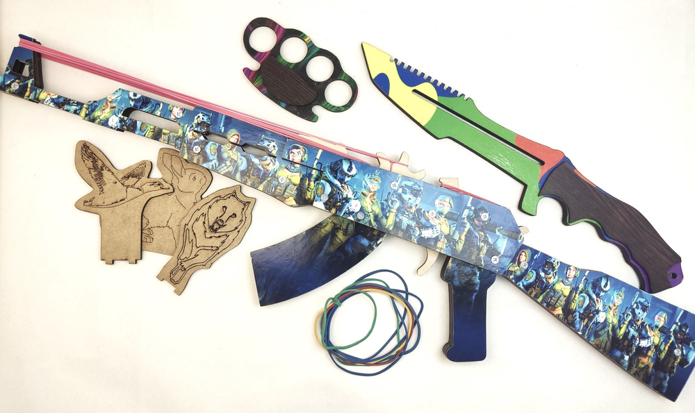 Набор деревянного оружия, автомат резинкострел, кастет, нож, мишени и резинки в подарок  #1