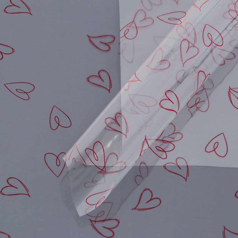 Пленка глянцевая для упаковки цветов, подарков "Сердечки" 58х58 - 5 шт. прозрачная с красными сердечками #1