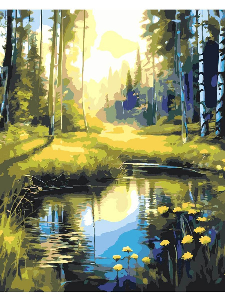 Картина по номерам лесное озеро на холсте с деревянным подрамником размер 40х50, акриловые краски, кисточки, #1
