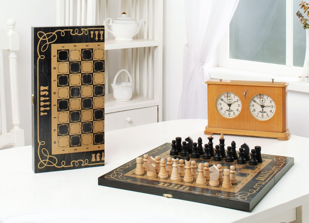 Шахматы обиходные деревянные "Объедовские" с малой деревянной черной доской, рисунок золото "Орнамент" #1
