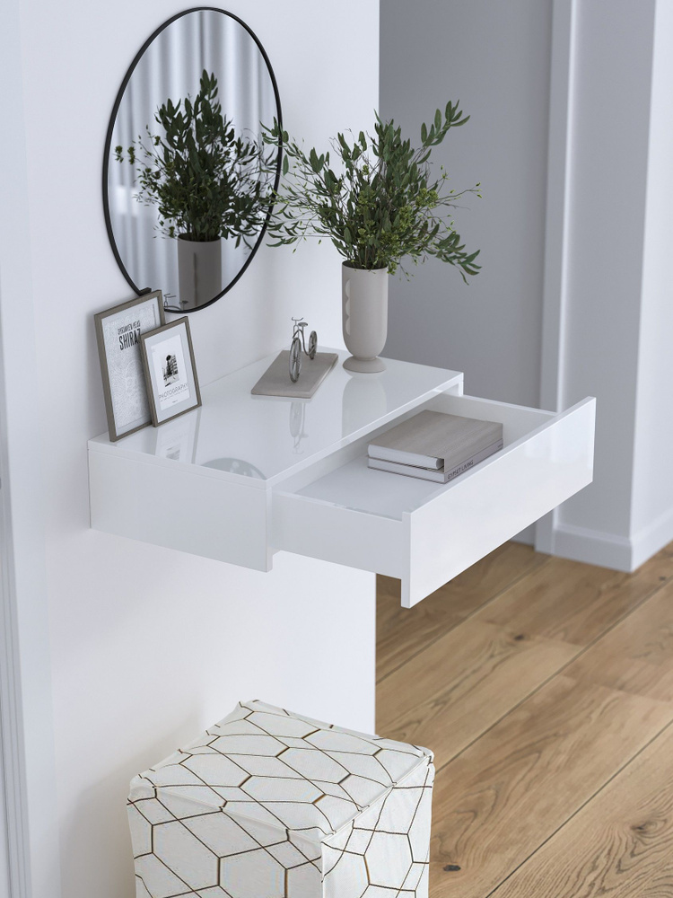 Туалетный столик цвет белый Глянец, ящик с доводчиком, модель Чикаго, 60х35х15 см  #1