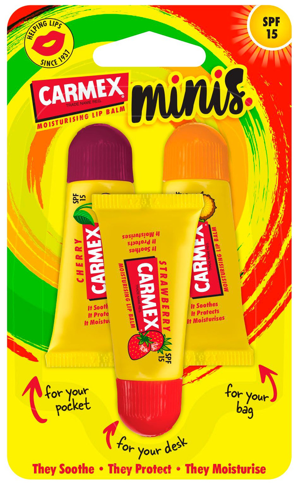 CARMEX Мини-бальзамы для губ с ароматом клубники, вишни, мяты-ананаса с SPF 15 в тубе, 15 г  #1