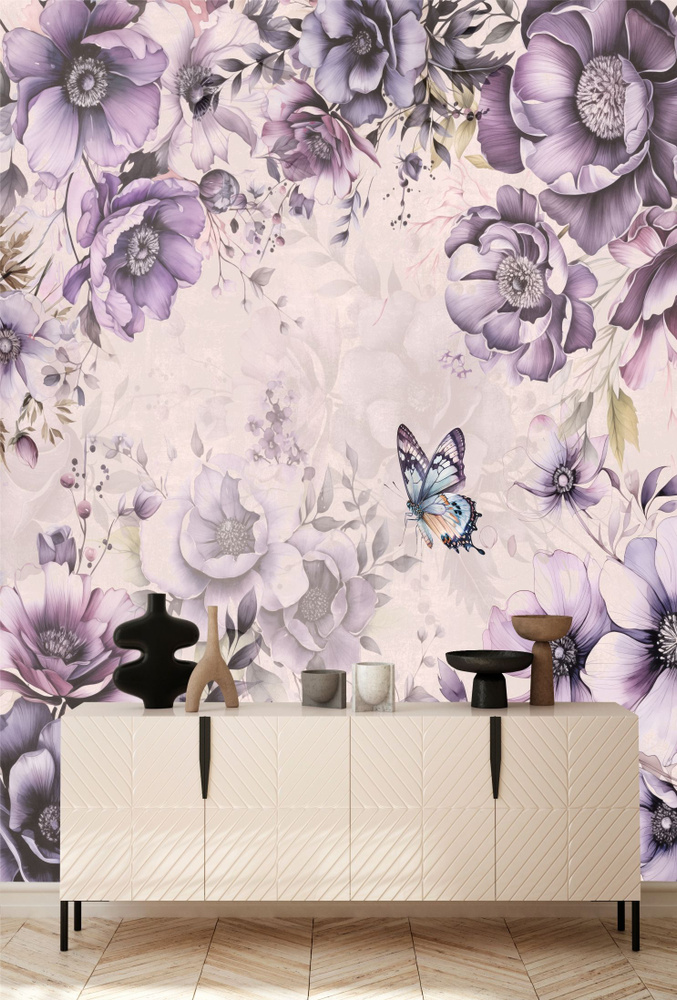 Флизелиновые фотообои на стену Dekor Vinil " Сиреневые цветы" 200х270 см для спальни, гостиной, на кухню #1