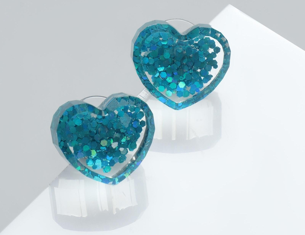 Серьги пластик Карамель сердце конфетти, цвет голубой #1
