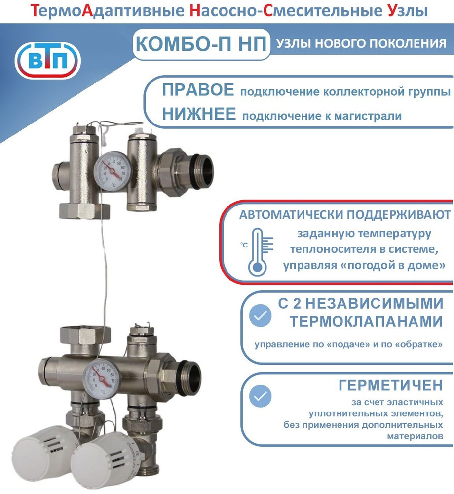 Термоадаптивный насосно-смесительный узел КОМБО-П коллектор подключается справа (БЕЗ насоса)  #1