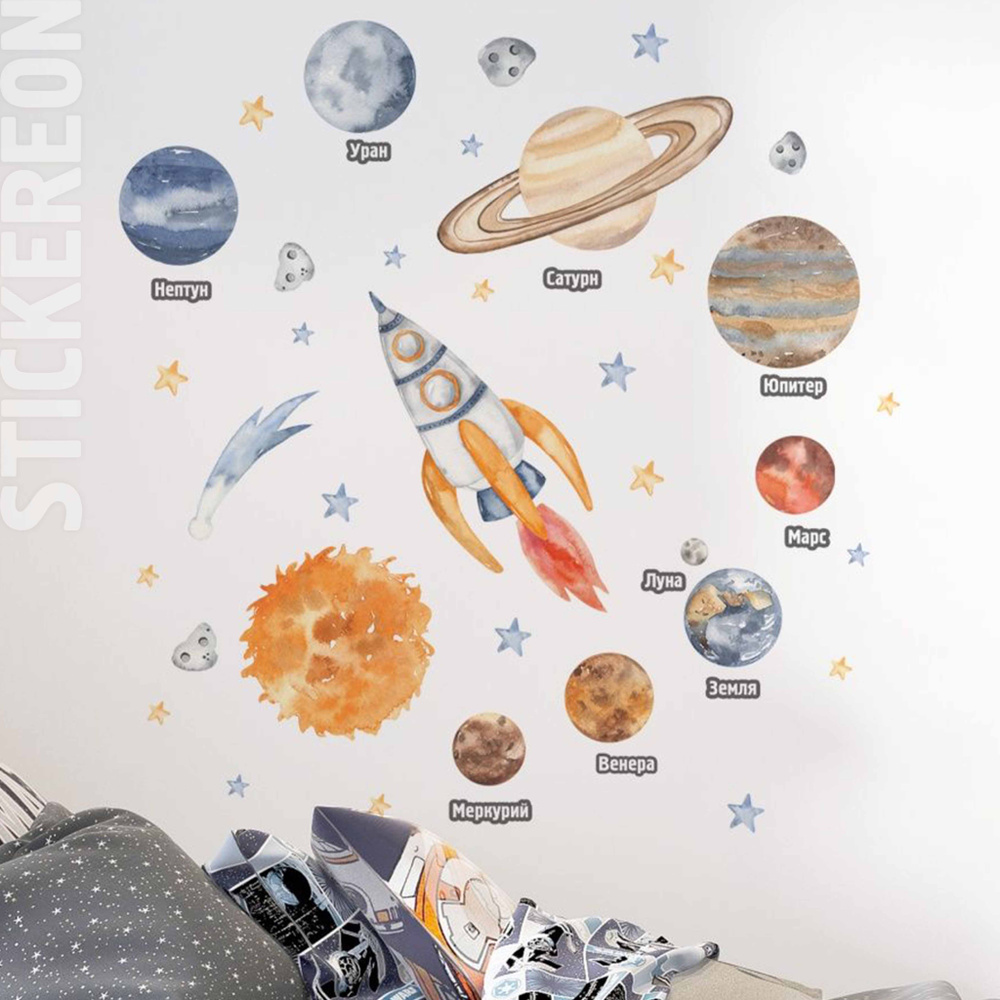 Интерьерные наклейки на стену Космос STICKEREON "Планеты солнечной системы с названиями" в детскую комнату #1