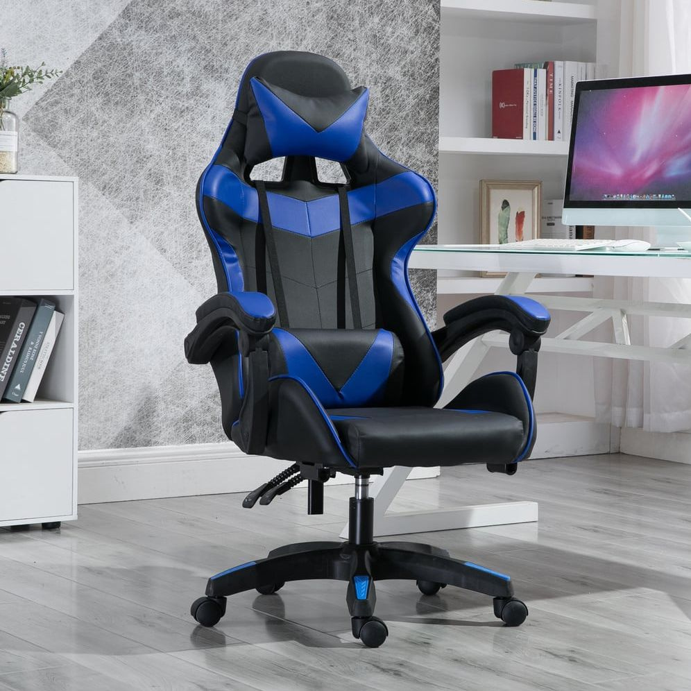 Игровое компьютерное кресло, 2 подушки черно-синее #1