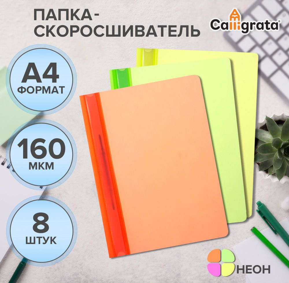 Набор папок-скоросшивателей А4, Calligrata Neon, 8 штук #1