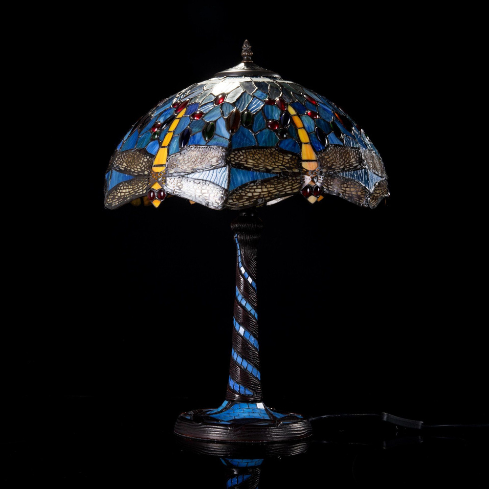 Лампа винтажная настольная в стиле Тиффани с витражным абажуром, декорированным изображением стрекоз, #1