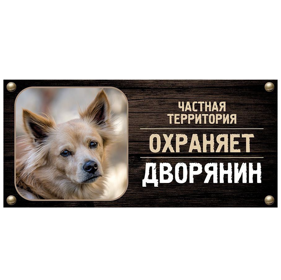 Табличка, Злая собака, Территорию охраняет Дворняжка, на металлической основе, 30см х 14 см, на забор, #1