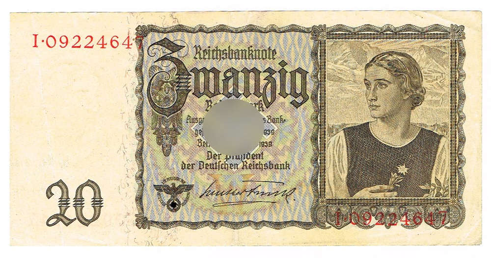 Банкнота 20 рейхсмарок 15 июня 1939 г. I 09224647 Рейхсбанкнота Германии XF+  #1