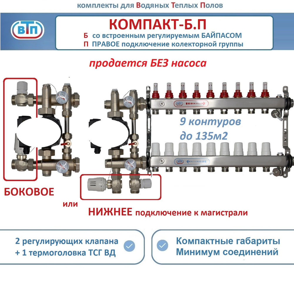 Комплект коллекторов для теплого пола ВТП КОМПАКТ-Б.П (с байпасом) 9 контуров, коллектор справа, смесительный #1