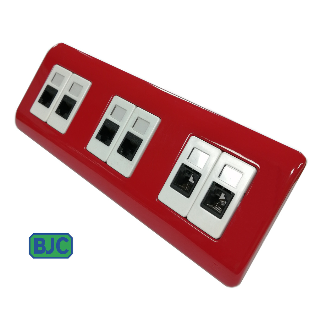 Розетка компьютерная RJ-45 -4шт Cat.5e + телефонная RJ-11 -2шт Cat3, трехпостовая красная рамка, белая #1